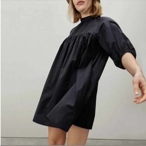 Everlane The Shirred Mini Yoke Dress Black Large Keyhole Back Short Puff Sleeve